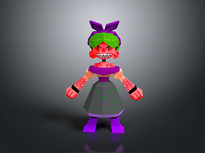 Cartoon Block Style Character With Green Hair Purple Bow And Red Arm Patterns 3d model