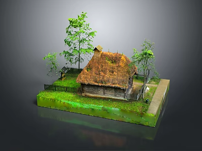 Charming Cartoon Scene With Thatched Roof Cottage Green Grass And Trees 3d model