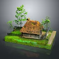 Charming Cartoon Scene With Thatched Roof Cottage Green Grass And Trees