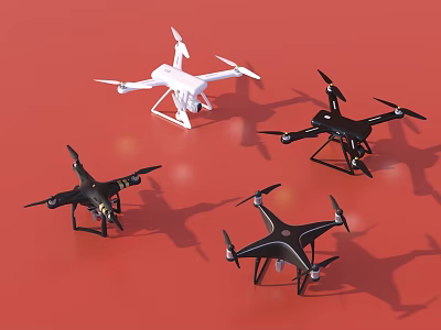 Smart Drones in White and Black Colors on Red Background 3d model