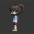 Cartoon Character With Brown Hair Red Bow Blue Outfit And Red Schoolbag In Green Sneakers