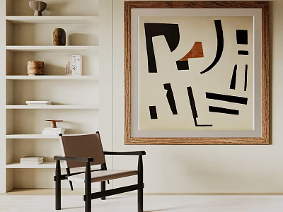 Modern Living Room Interior With Abstract Painting Shelves Decorative Items And Chair 3d model
