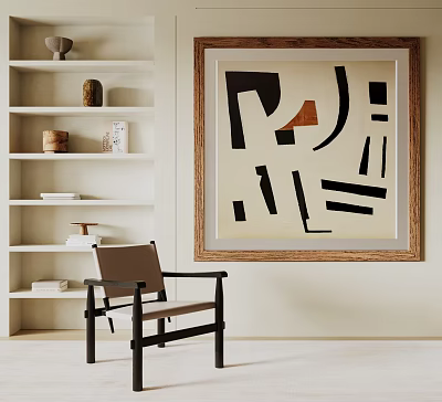 Modern Living Room Interior With Abstract Painting Shelves Decorative Items And Chair 3d model