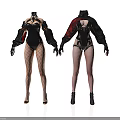 Women Fashion Outfits Featuring Black Bodysuit Fishnet Stockings Red Cape And High Heels