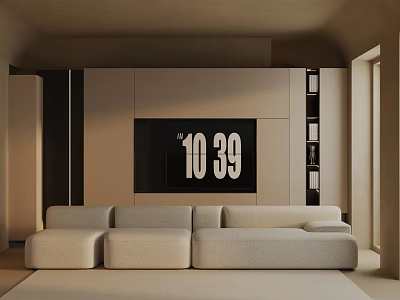 Beige Three Seater Sofa in Modern Living Room with Built in TV Wall and Storage Shelves 3d model