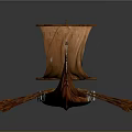 Ancient Wooden Boat with Dragon Head Prow Brown Sail and Rowing Oars on Reflective Surface