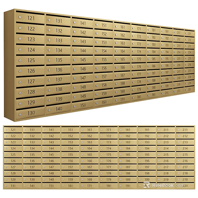 Public Facility Mailboxes With Brass Finish Numbered Compartments In Organized Rows 3d model 