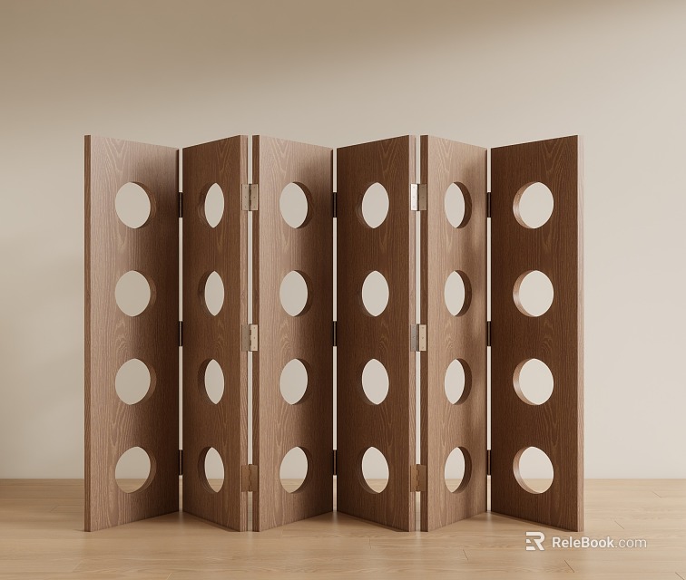 Brown Wooden Foldable Screen With Circular Cutouts For Modern Interior 3d model 
