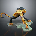 Humanoid Leopard With Yellow Spotted Fur Black Pants Blue Arm Tattoo Crouching On Stone Platform