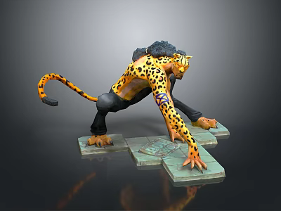 Humanoid Leopard With Yellow Spotted Fur Black Pants Blue Arm Tattoo Crouching On Stone Platform 3d model