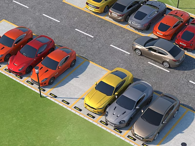 Colorful Cars Neatly Parked In Organized Parking Lot With Various Models 3d model