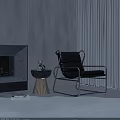 Modern Leather Leisure Chair With Metal Frame Near Fireplace And Curtains In Living Room