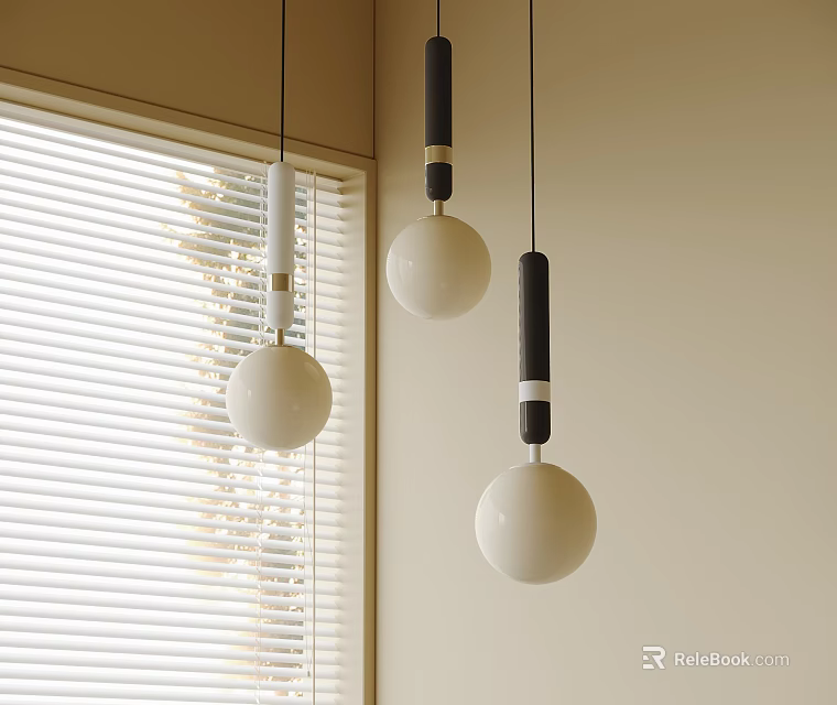 Modern Interior With Three Pendant Lights Featuring White Spherical Shades And Black Stems 3d model 