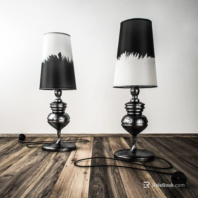 Modern Table Lamps With Black And White Gradient Shades And Metal Bases On Wooden Floor 3d model 