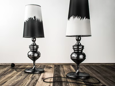 Modern Table Lamps With Black And White Gradient Shades And Metal Bases On Wooden Floor 3d model