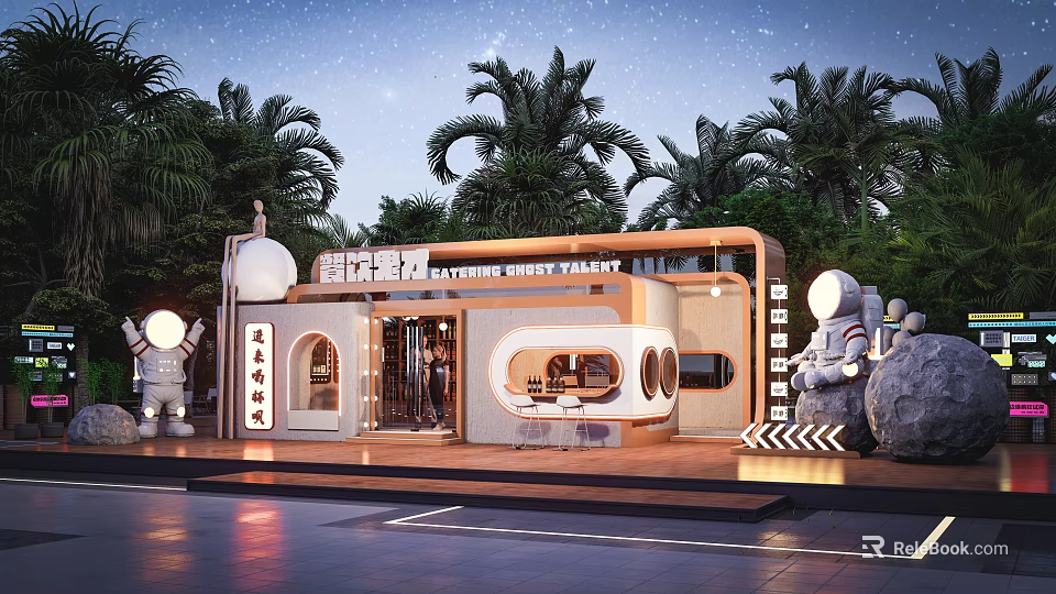Modern Container Building With Starry Night Background Palm Trees And Astronaut Sculptures 3d model 
