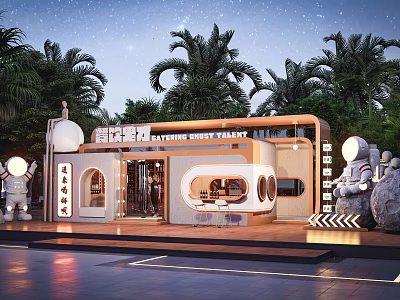 Modern Container Building With Starry Night Background Palm Trees And Astronaut Sculptures 3d model