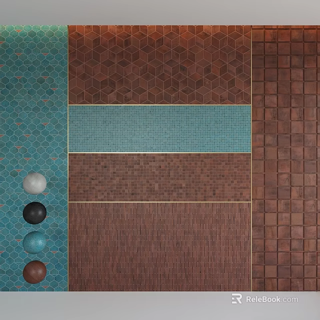 Colorful Textured Tiles With Hexagonal And Square Patterns And Decorative Balls 3d model 
