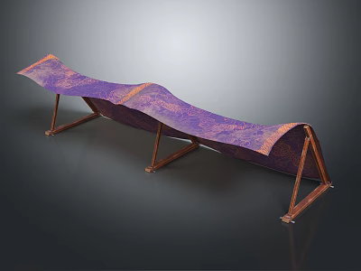 Purple and Orange Patterned Tent with Wooden Frame and Unique Long Design Structure 3d model