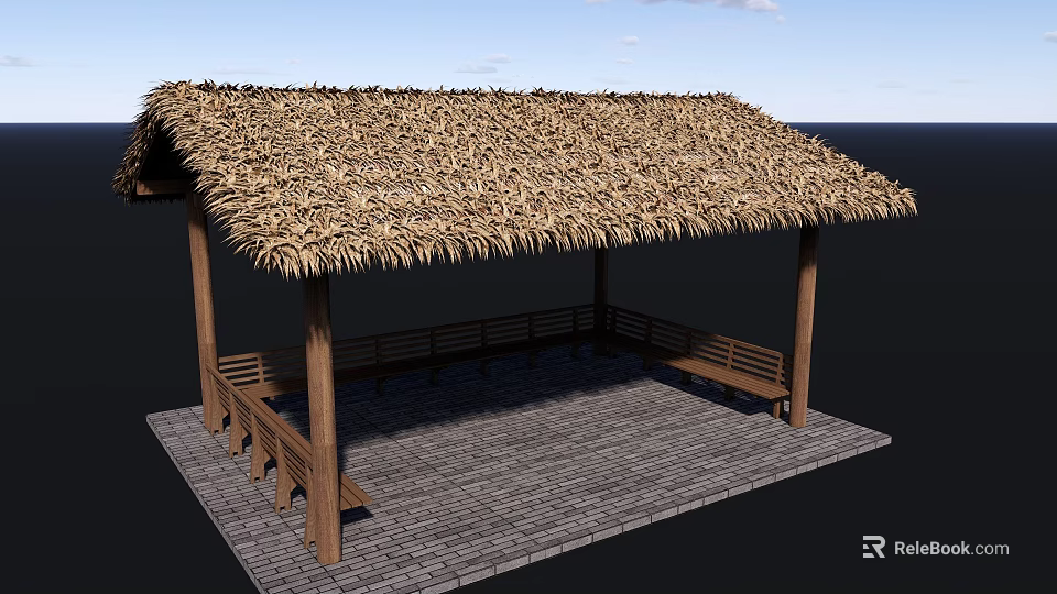 Traditional Garden Landscape With Thatched Roof Wooden Pavilion Stone Benches And Slab Floor 3d model 