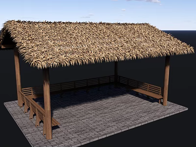 Traditional Garden Landscape With Thatched Roof Wooden Pavilion Stone Benches And Slab Floor 3d model