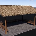 Traditional Garden Landscape With Thatched Roof Wooden Pavilion Stone Benches And Slab Floor
