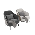 Gray Velvet Accent Chair with Soft Pillow and Plaid Blanket and Black Wooden Legs