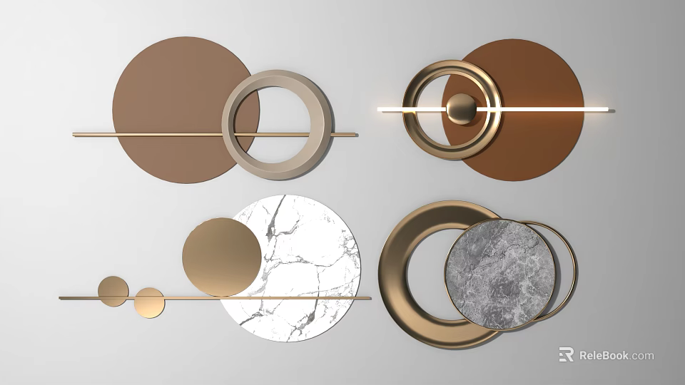 Modern Geometric Wall Decor With Circular Rings Marble Texture And Metal Accents 3d model 