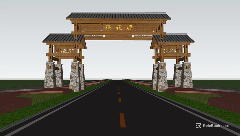 Traditional Chinese Taohuayuan Memorial Archway With Wooden Structure Stone Pillars And Road 3d model 