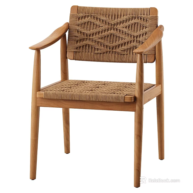 Single Chair With Wooden Frame Woven Backrest Seat And Natural Armrests 3d model 