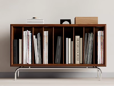 Sleek Modern Wooden Bookcase With Metal Legs Holding Neatly Arranged Books And Decorative Boxes 3d model