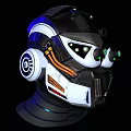 Futuristic Tech Helmet With Glowing Green Blue Eyes And White Black Orange Accents