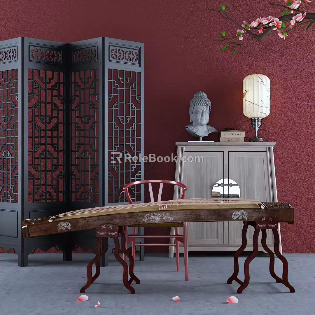 Chinese Guzheng Decorative Cabinet Screen Combination 3d model