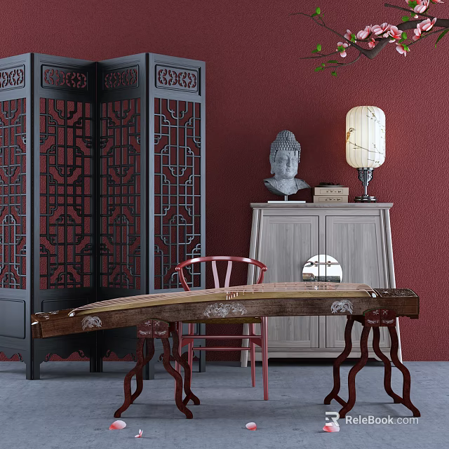 Traditional Chinese Guzheng Instrument In Interior With Red Wall Black Carved Screen And Buddha Statue 3d model 