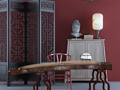 Traditional Chinese Guzheng Instrument In Interior With Red Wall Black Carved Screen And Buddha Statue 3d model