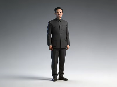 A Man Standing Full Length In Dark Colored Mao Suit Against Grey Background 3d model
