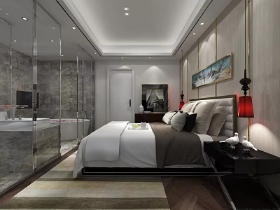 Modern Hotel Room Interior With Bed Pillows Marble Bathroom And Decorative Paintings 3d model