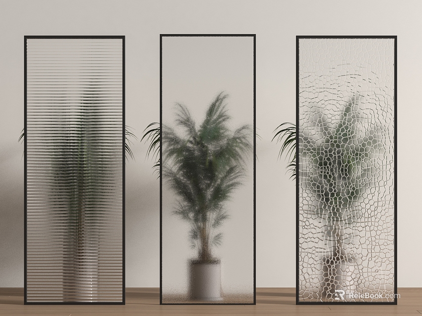 Modern Black Frame Room Dividers For Home Interior With Textured Glass And Green Plants 3d model 