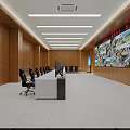 Modern Office Conference Room With Long Table Black Chairs Wooden Walls And Ceiling Lights