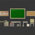 Classroom Scene Components With Green Blackboard Bulletin Board Desks Chairs Books And Cabinet