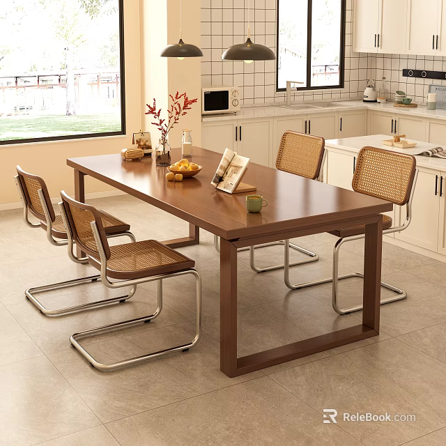 Modern Dining Room Interior Featuring Wooden Table Rattan Seats Chairs And White Cabinets 3d model 