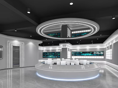 Modern Exhibition Hall Featuring Circular Ceiling Design Multiple Display Screens And White Counters 3d model