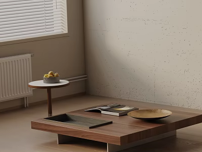 Modern Sofa And Coffee Table Set With Wooden Top Magazines Bowl And Side Table 3d model