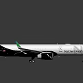 Modern Passenger Aircraft With White Fuselage Black Tail Green Wingtips SAT Logo And Twin Engines