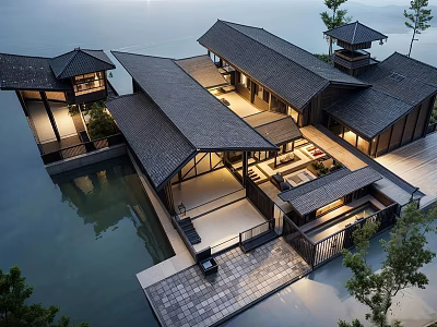 Traditional Chinese Architectural Complex With Wooden Frames Tiled Roofs And Water Courtyard 3d model