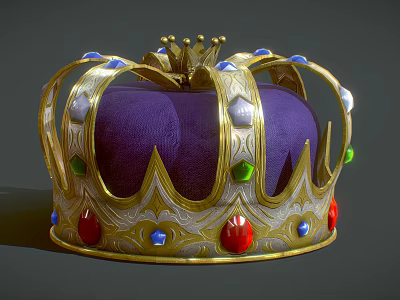 Ornate Golden Crown Jewelry With Red Green Blue Gemstones And Decorative Top Design 3d model