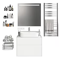 White Bathroom Sink Vanity with Wall Mirror Towel Rack and Glass Shower Enclosure
