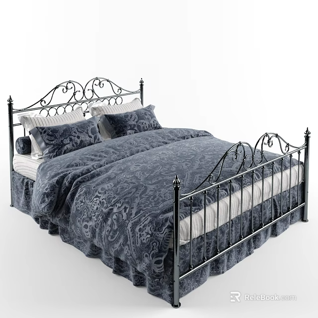 Ornate Iron Frame Double Bed With Dark Blue Floral Quilt Striped Sheets And Pillows 3d model 