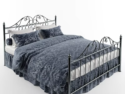 Ornate Iron Frame Double Bed With Dark Blue Floral Quilt Striped Sheets And Pillows 3d model