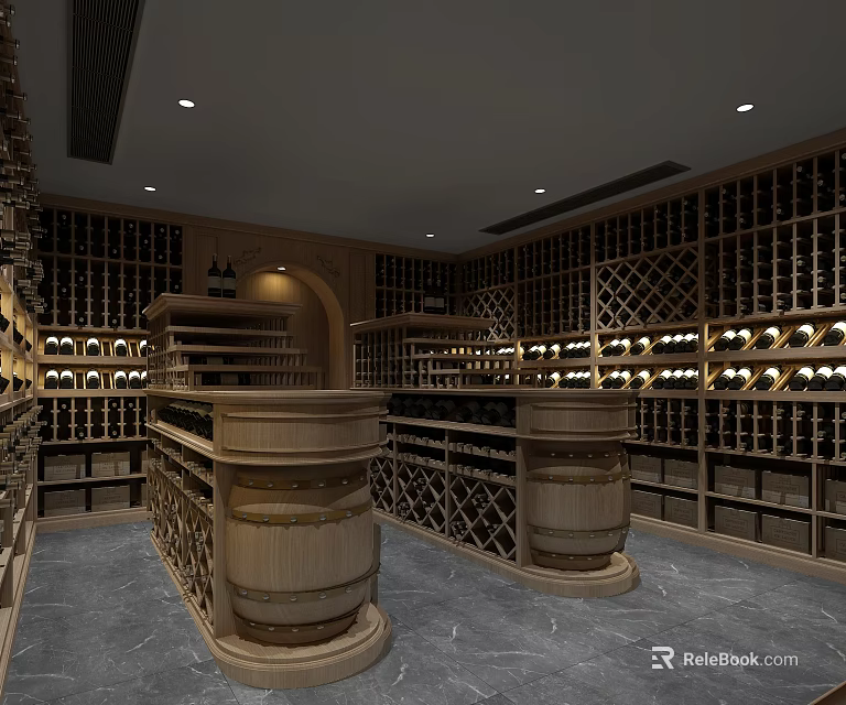 Spacious Wine Cellar Interior Design With Wooden Racks Barrels And Wine Bottles 3d model 